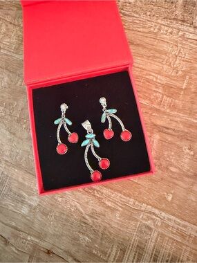 Red Cherry Drop Earrings and Pendant Set 926 Sterling Silver - Women Jewelry